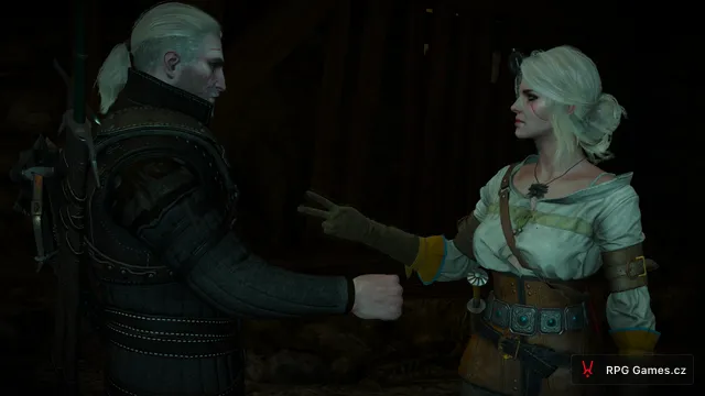 Geralt a Ciri hrají kámen-nůžky-papír před rozdělením cest, Zaklínač 3
