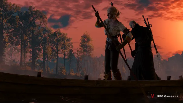 Geralt a Ciri na lodi při cestě k Lysé hoře za soumraku, Zaklínač 3