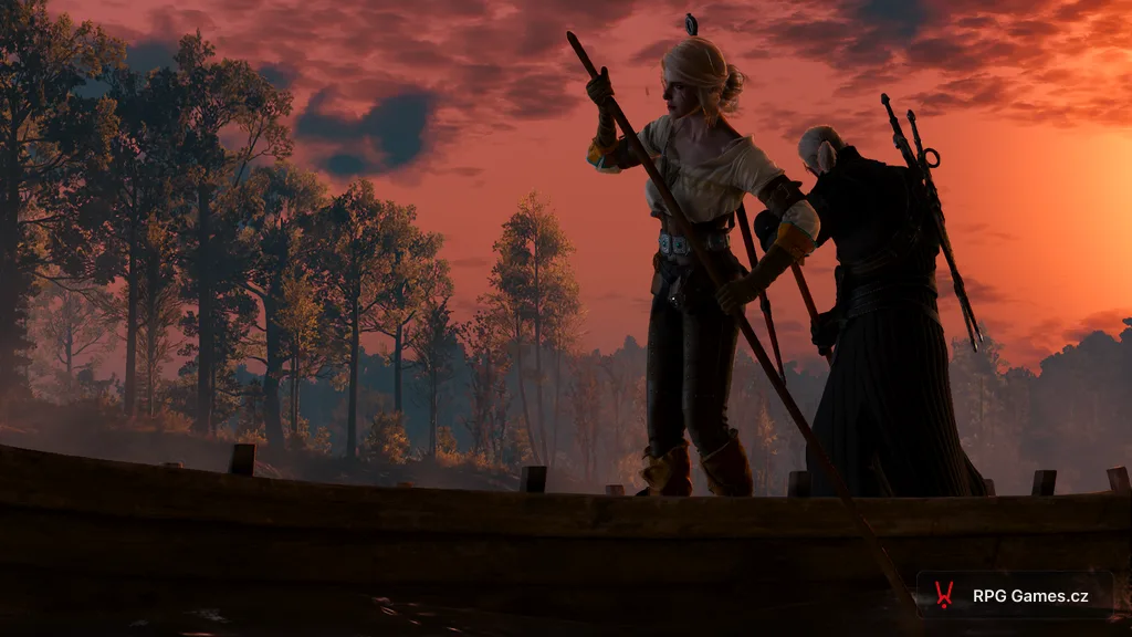 Geralt a Ciri na lodi při cestě k Lysé hoře za soumraku, Zaklínač 3