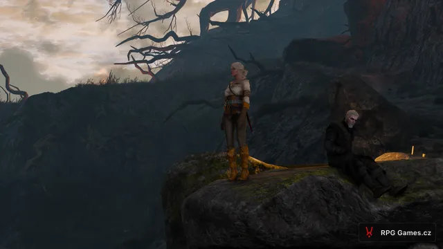 Geralt a Ciri odpočívají na skále po bitvách na Lysé hoře, Zaklínač 3