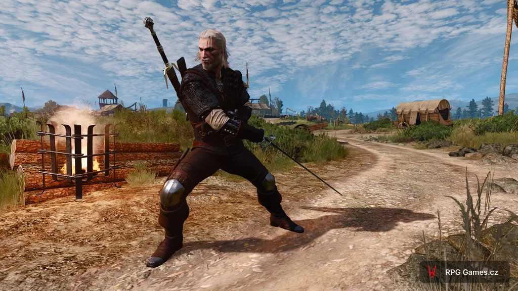 Geralt v mantikoří zbroji v bojovém postoji, Zaklínač 3
