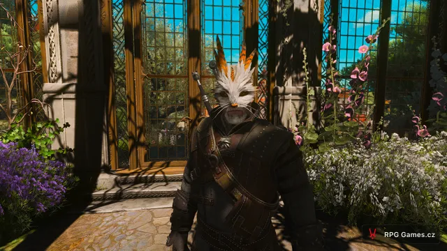 Detail Geralta v masce králíka u skleníku v Toussaintu, Zaklínač 3