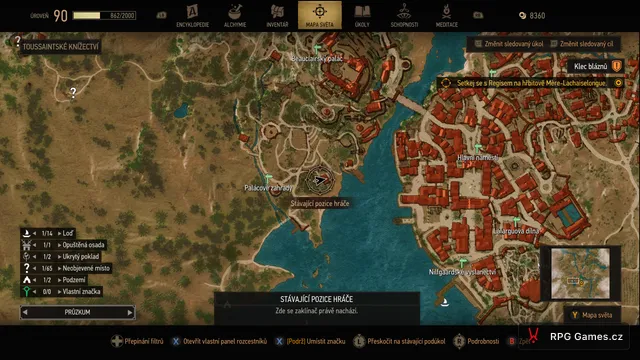 Mapa Beauclairu s kurzorem na skleník v palácových zahradách, Zaklínač 3