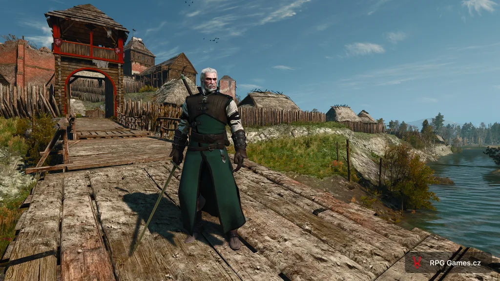 Geralt v základní medvědí zbroji s ocelovým mečem, Zaklínač 3