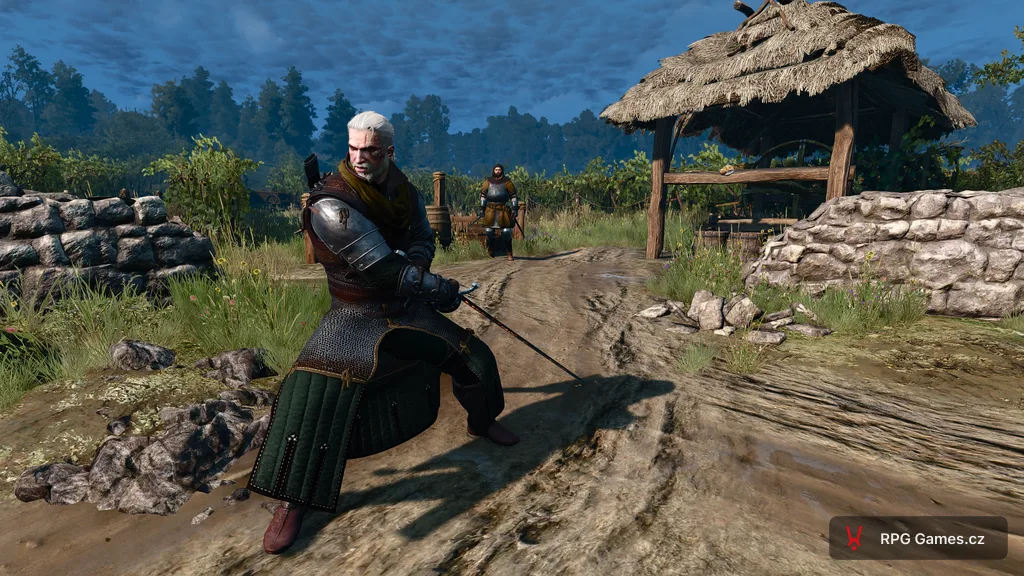 Geralt v mistrovské medvědí zbroji v bojovém postoji, Zaklínač 3