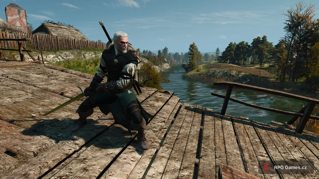Geralt v základní medvědí zbroji v bojovém postoji, Zaklínač 3