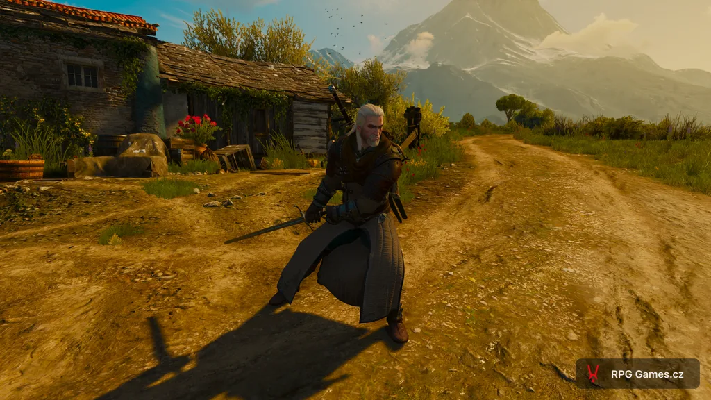 Geralt v prvotřídní medvědí zbroji v bojovém postoji, Zaklínač 3