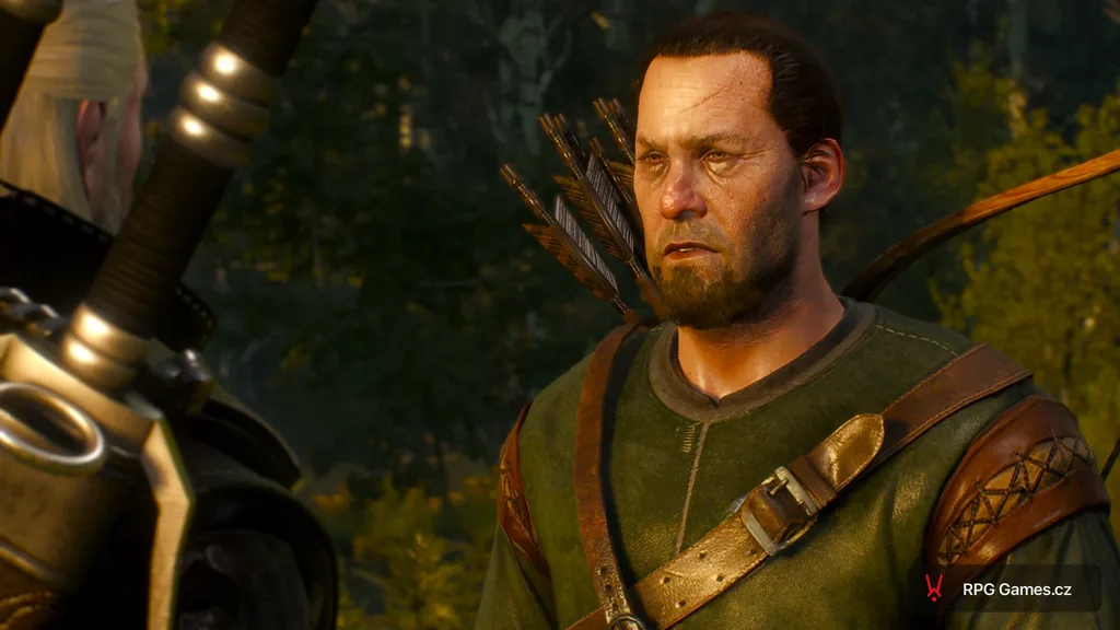 Geralt mluví s lovcem Mislavem v lese u Bělosadu, Zaklínač 3