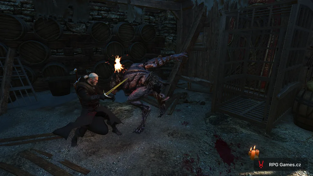 Geralt v boji s Morkvargem u sudů ve Freyině zahradě, Zaklínač 3