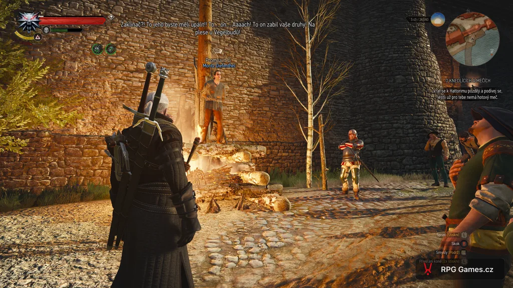 Geralt u hořícího kůlu s Mortitzem Diefenthelem u Slovutné brány, Zaklínač 3