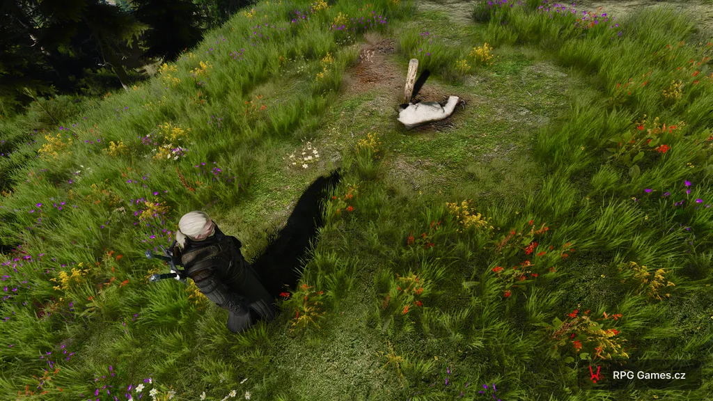 Geralt u kůlu s kozou jako návnadou na vidlohona, Zaklínač 3
