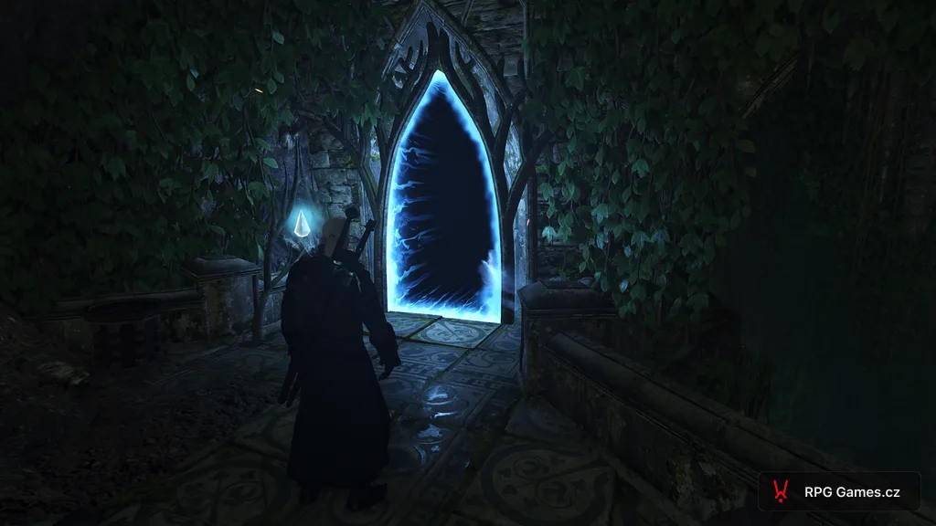 Geralt u portálu s krystalem v podzemí Est Tayiar — Zaklínač 3