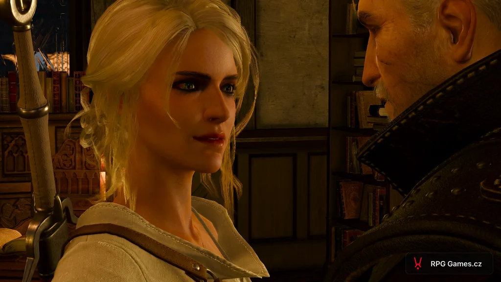 Ciri a Geralt v interiéru během questu Odplata ve hře Zaklínač 3