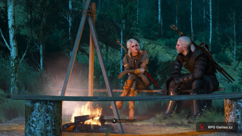 Ciri a Geralt u táboráku cirkusáčů v noci v questu Odplata, Zaklínač 3