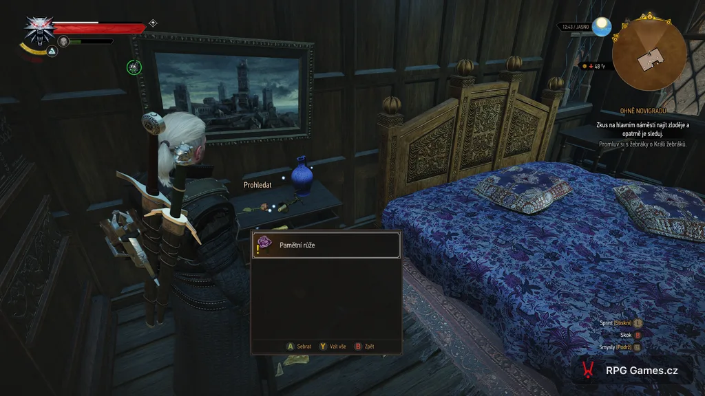 Geralt bere Pamětní růži u postele v domě Triss, Zaklínač 3