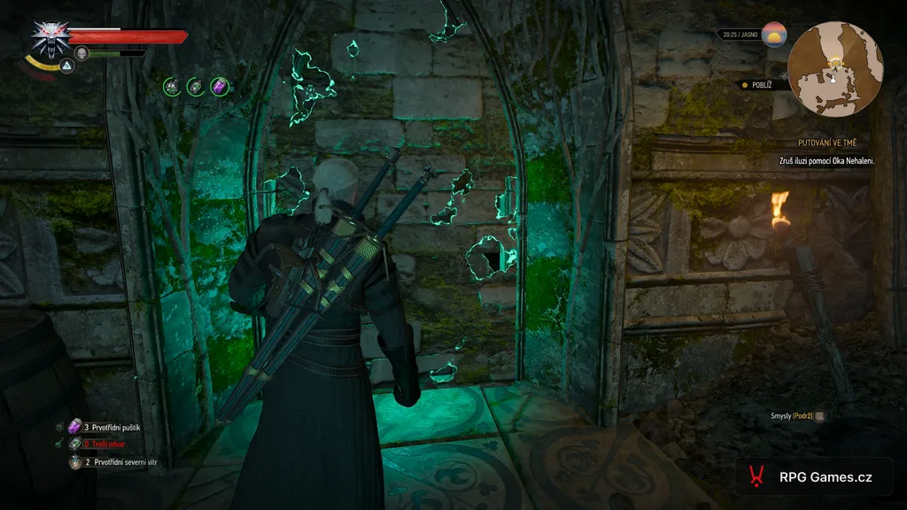 Geralt ruší iluzi okem Nehaleni v elfích ruinách — Zaklínač 3