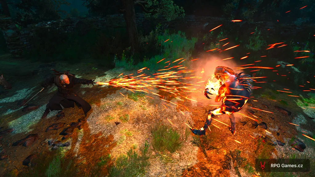 Geralt vrhá Igni na Ostruchlici u hřbitova ve Velenu — Zaklínač 3