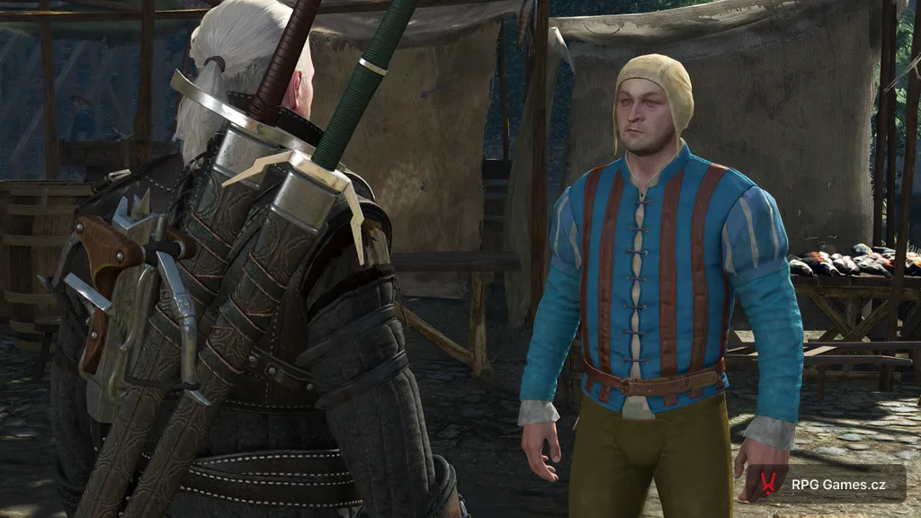 Geralt na rybím trhu v Novigradu mluví se sluhou Vegelbudů, Zaklínač 3