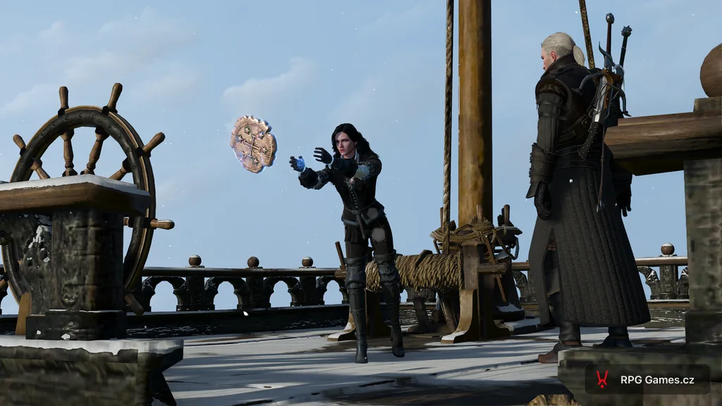 Yennefer vyvolává magickou pečeť na zasněžené palubě lodi, Zaklínač 3