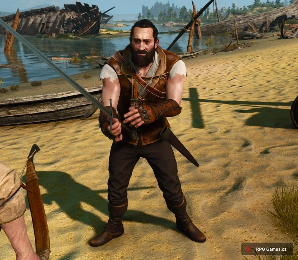 Pirát s obouručním mečem na pláži u vraků lodí — Zaklínač 3