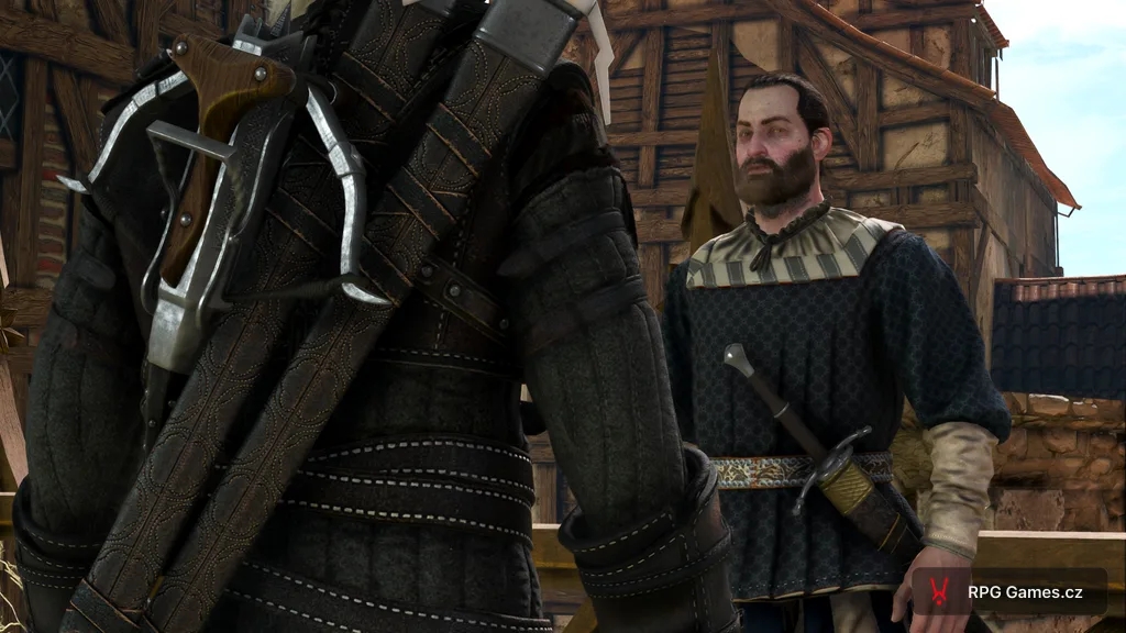 Geralt mluví s Karadinem na balkoně statku v Novigradu, Zaklínač 3