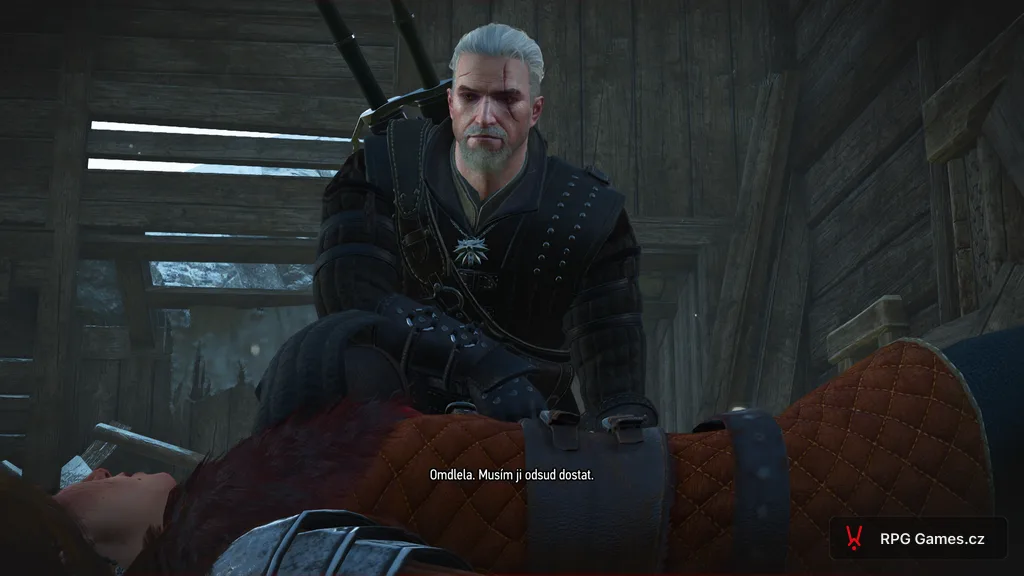 Geralt nachází omdlelou Cerys ve starém domě na Skellige, Zaklínač 3