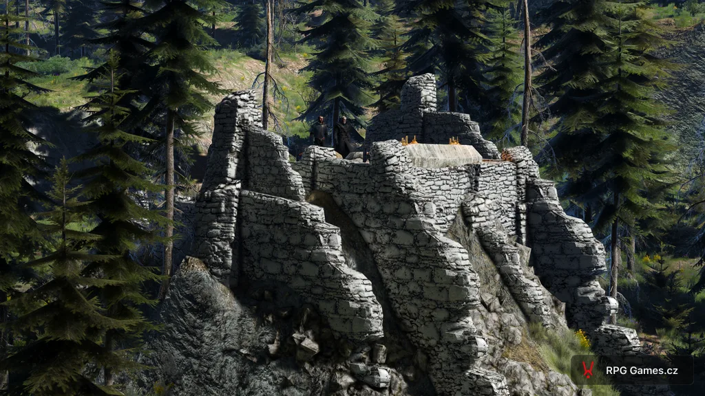 Geralt a Lambert u ruin Kruhu živlů na skalním ostrohu, Zaklínač 3