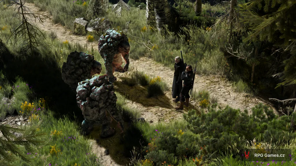 Geralt a Lambert čelí třem skalním trollům na horské stezce, Zaklínač 3