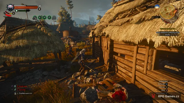 Geralt ve vesnici po boji se zbojníky v Zaklínači 3