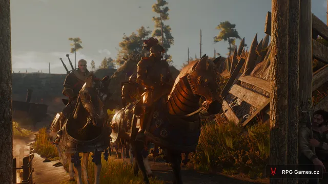 Geralt s rytíři na koních ve vesnici ve Velenu v Zaklínači 3