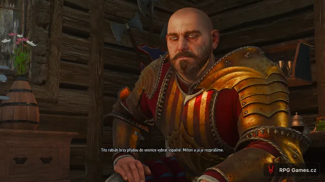 Palmerin de Launfal bez helmy v chatě ve Velenu v Zaklínači 3