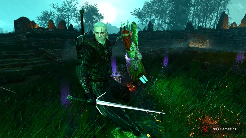 Geralt bojuje s přízraky u kamenného kruhu během Tryzny, Zaklínač 3