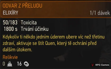 Tooltip odvaru z přeludu v inventáři Zaklínače 3