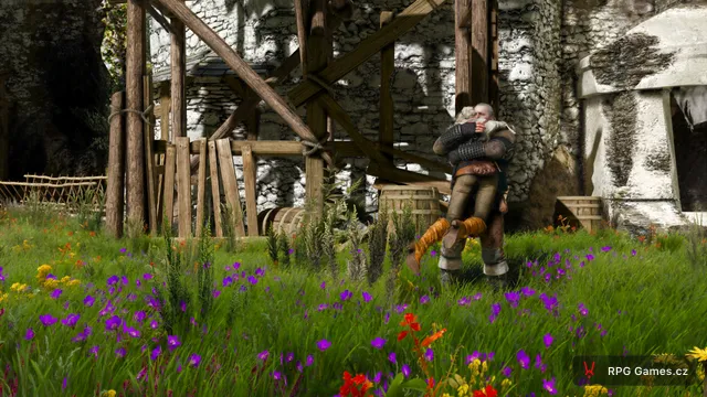 Geralt zvedá Ciri v objetí na louce u zdi Kaer Morhen, Zaklínač 3