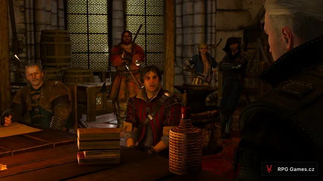 Vesemir, Hjalmar, Eskel a další u stolu v Kaer Morhen, Zaklínač 3