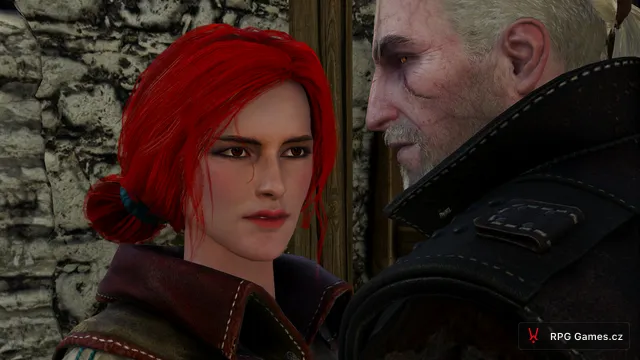 Triss a Geralt v těsném kadru dialogu v Kaer Morhen, Zaklínač 3