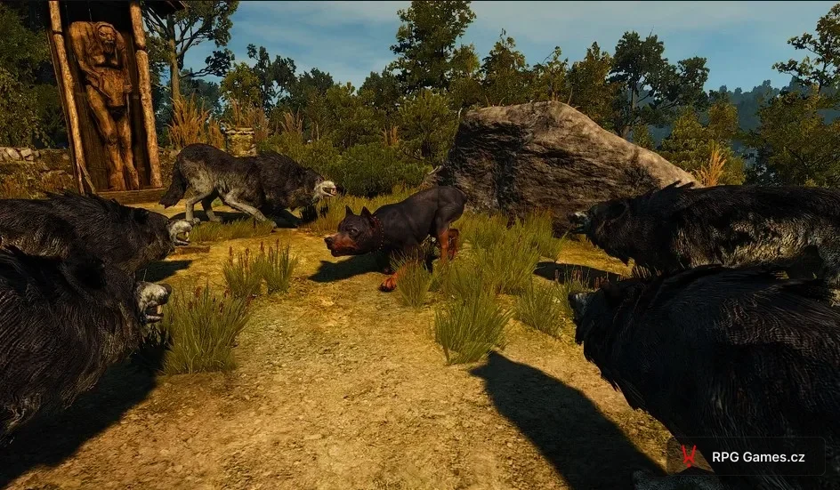 Quest Ein Hundeleben in The Witcher 3 — Wölfe greifen einen Hund auf der Straße östlich von Oreton an