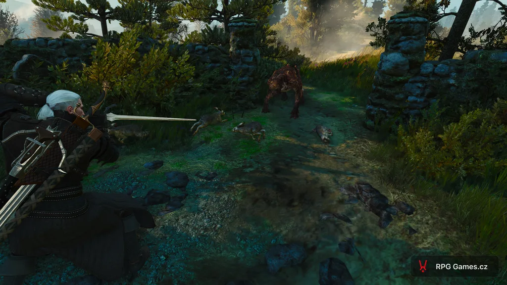 Geralt na hřbitově u Zálipí míří stříbrným mečem na ghúla, Zaklínač 3