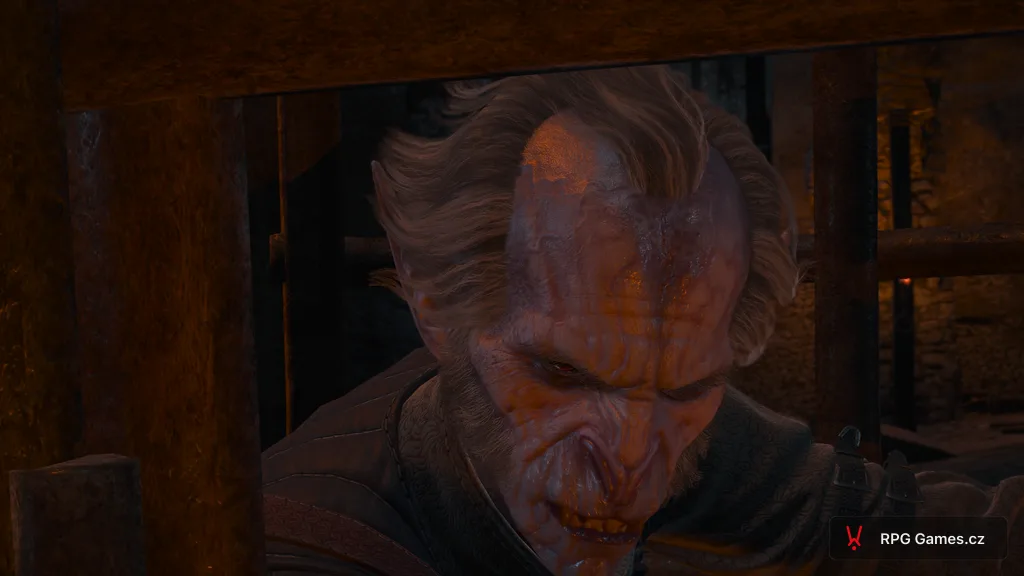 Detail Regisovy upíří tváře mezi trámy v Zaklínači 3