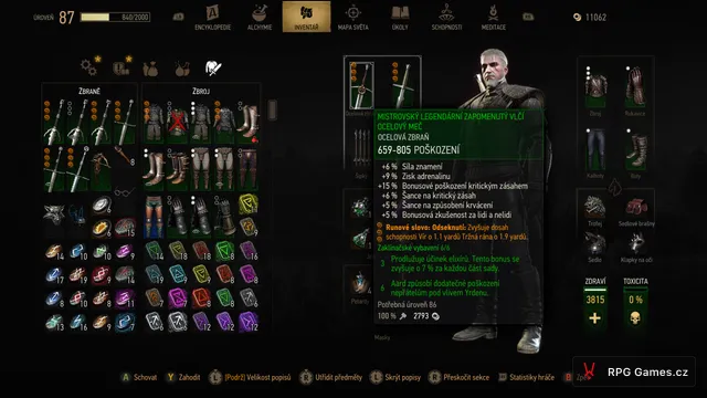 Inventář s mistrovskou legendární zapomenutou vlčí zbrojí u buildu na Aard v Remasteru
