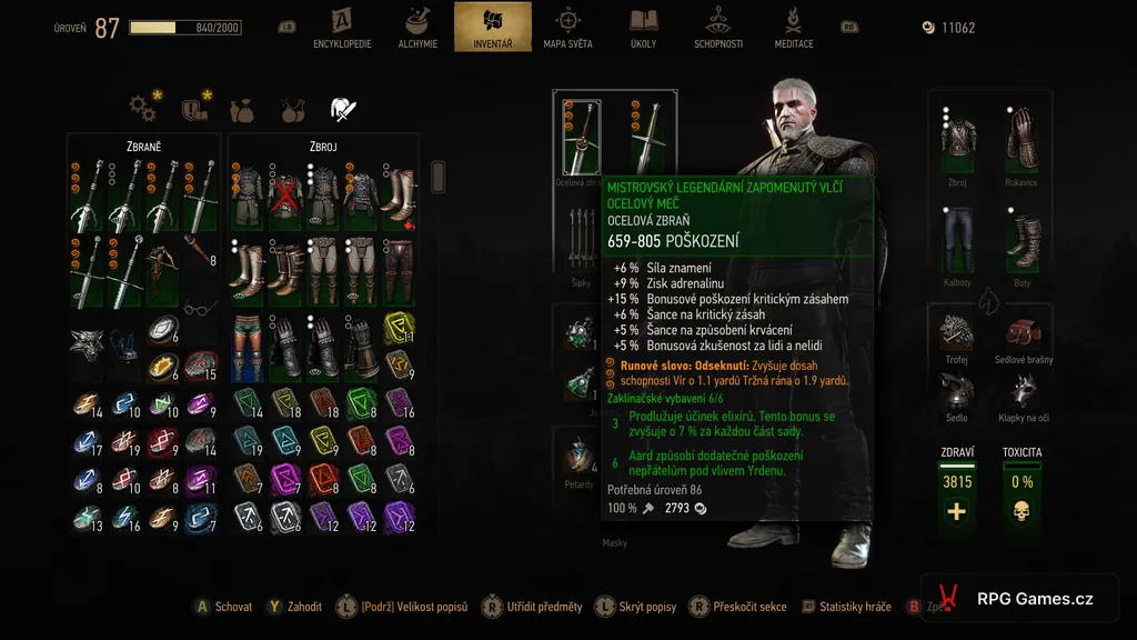 Inventář s mistrovskou legendární zapomenutou vlčí zbrojí u buildu na Aard v Remasteru