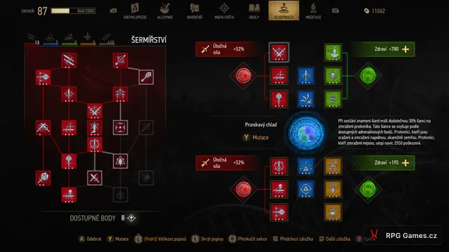 Menu schopností v Remasteru se sloty, mutageny a mutací Pronikavý chlad u buildu na Aard