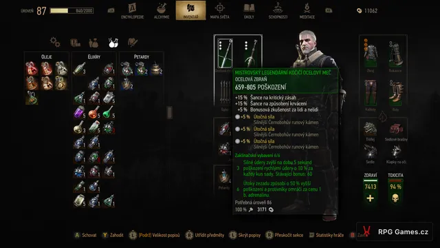 Inventář s kočičí zbrojí, ocelovým mečem a odvary u buildu na max poškození