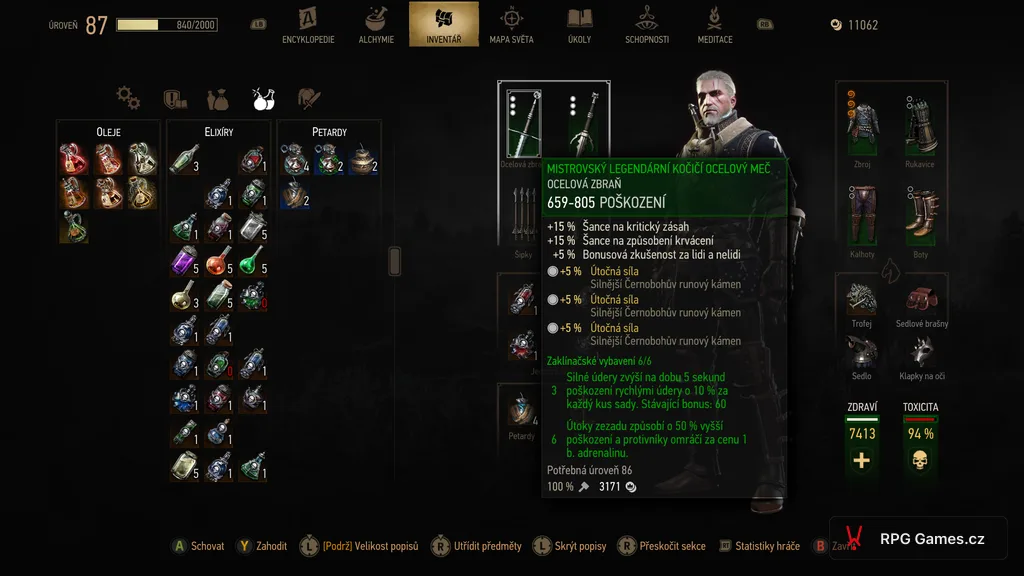 Inventář s kočičí zbrojí, ocelovým mečem a odvary u buildu na max poškození