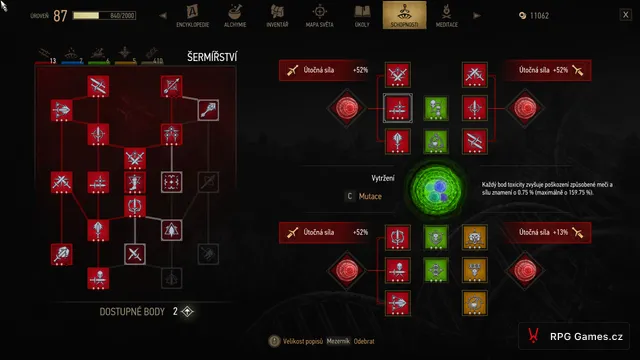 Menu schopností se sloty mutagenů a mutací Vytržení u buildu na max dmg