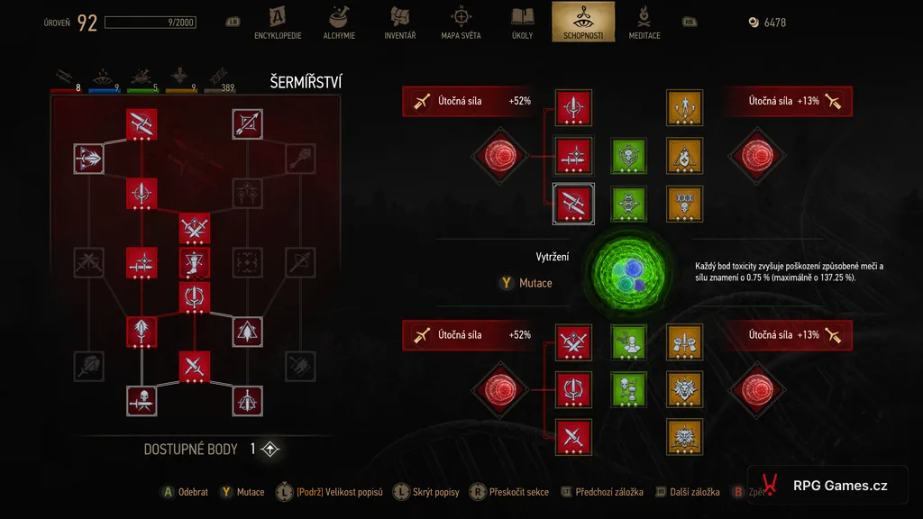 Menu schopností v Remasteru se sloty, mutageny, Vírem a mutací Vytržení u buildu Nekonečný vír