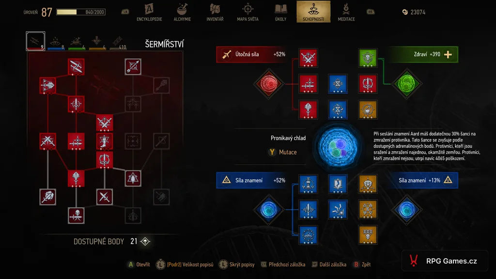 Menu schopností v Remasteru se stromem znamení a Yrden u buildu