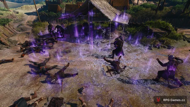 Geralt v boji v táboře nilfgaardců u velkého pole Yrden v Remasteru Zaklínače 3