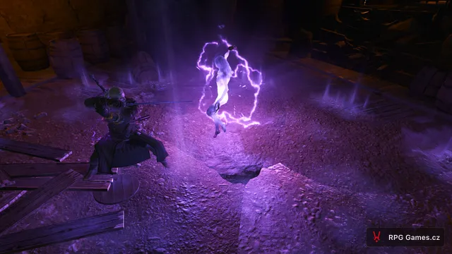 Yrden osvětluje duchyni fialovým světlem v kryptě v Remasteru
