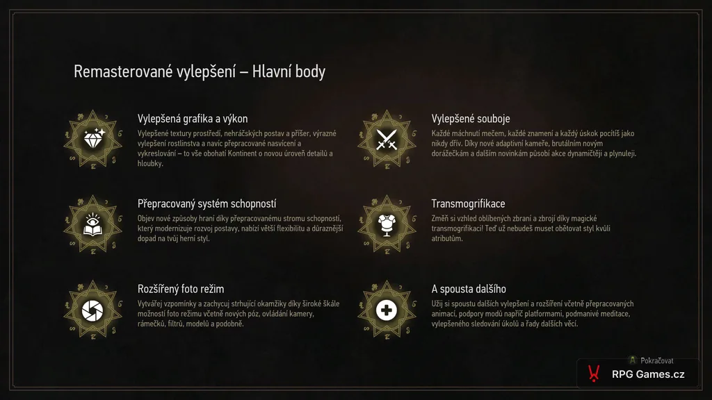 Obrazovka Remasterované vylepšení s hlavními body patchi ve hře Zaklínač 3